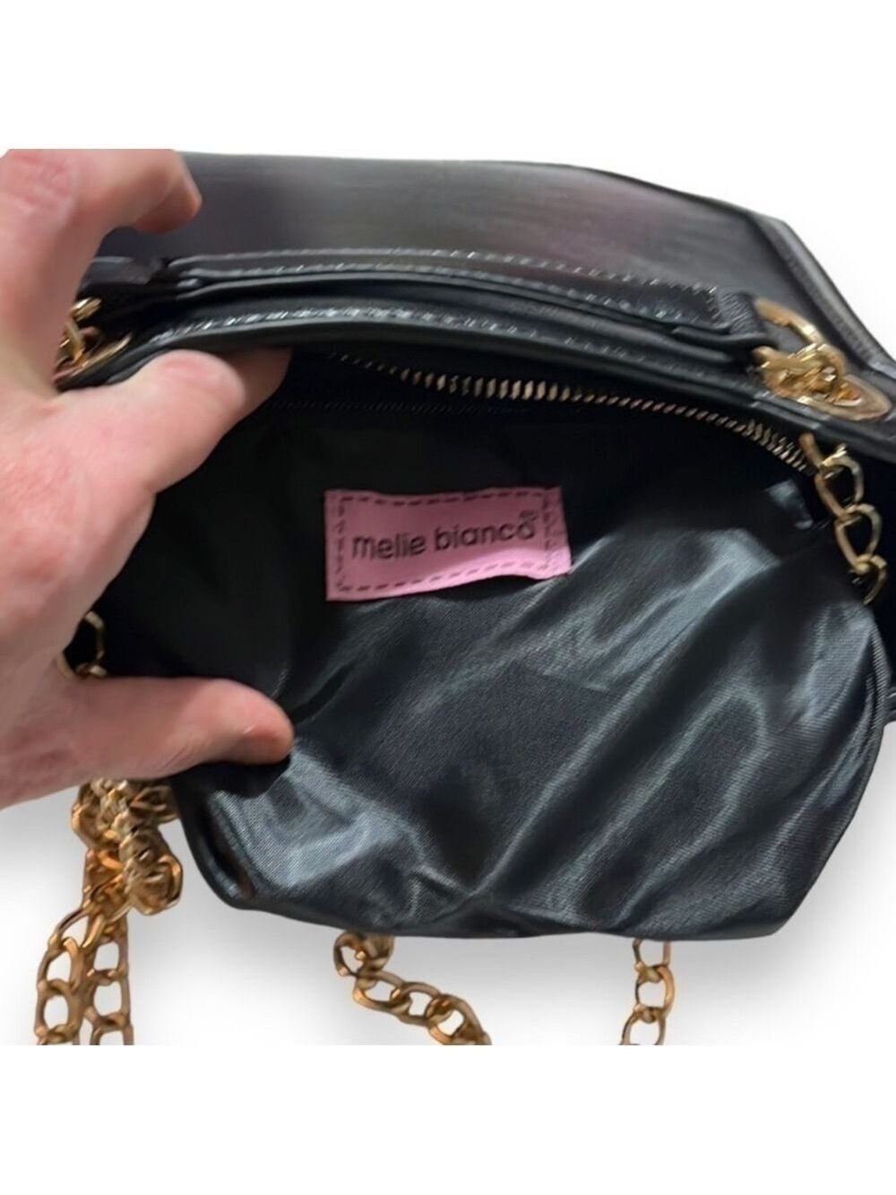 Melie Bianco Geometric Vegan Leather Black Shoulder Bag Purse with Gold Chains - Picture 8 of 8